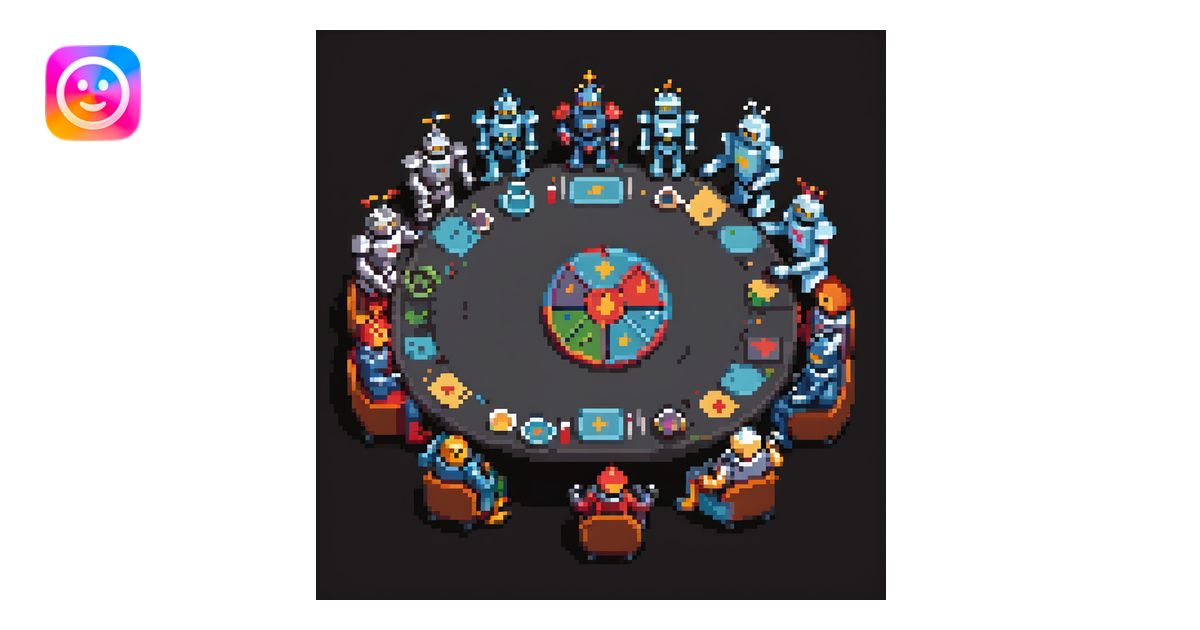 pixel art landscape inspired by the Last Supper, featuring a round ...