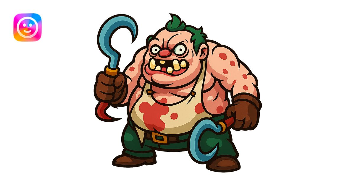 Cartoonish redesign of Pudge from Dota 2, exaggerated features, vibrant ...