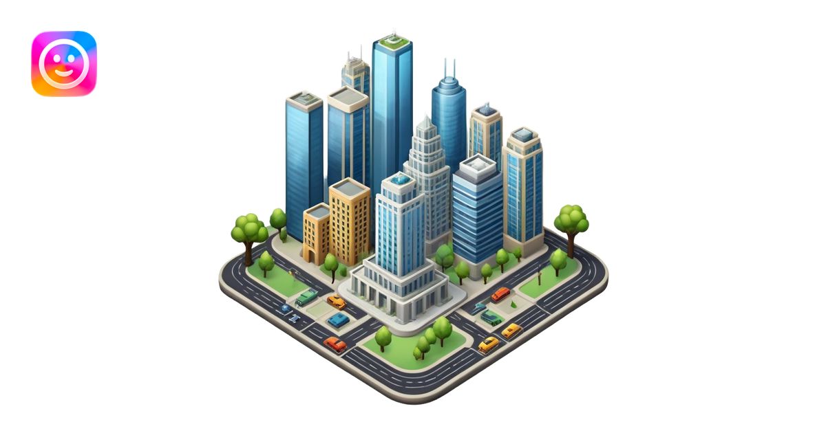 An icon showing a city-building game interface, inspired by Sim City ...