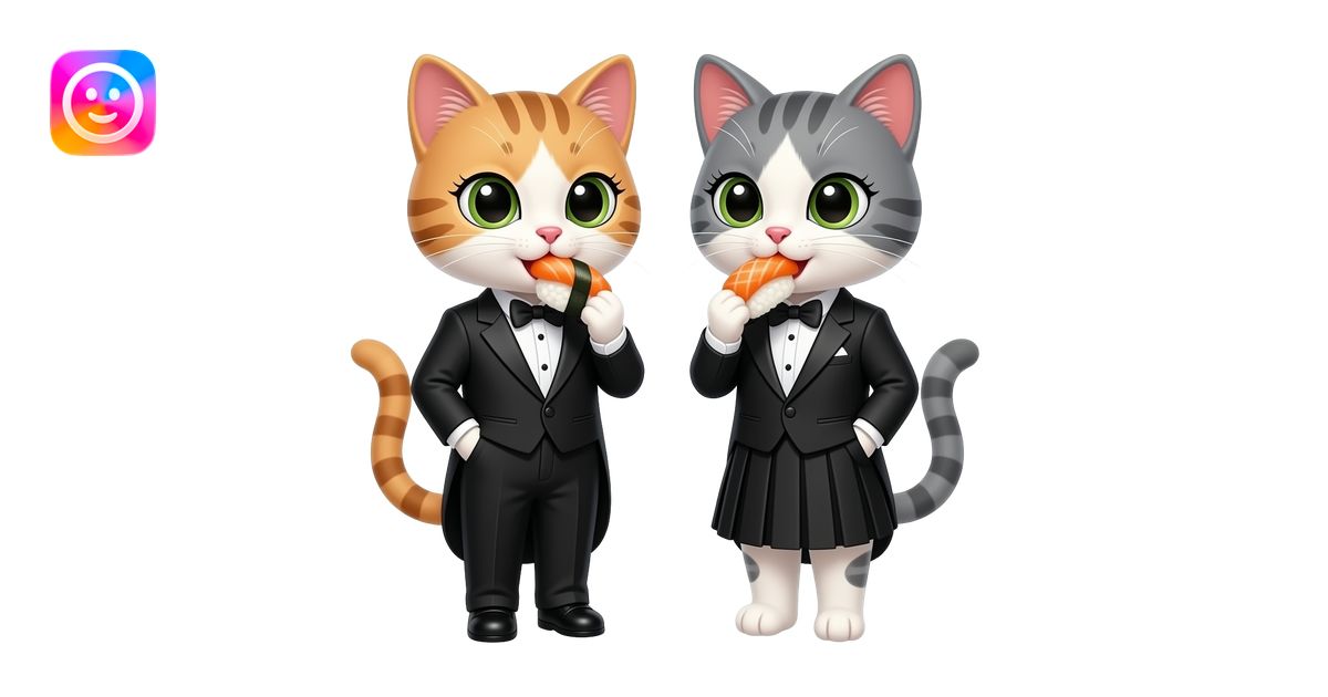 two pretty girl cats with eyelashes dressed in tuxedos eating sushi ...