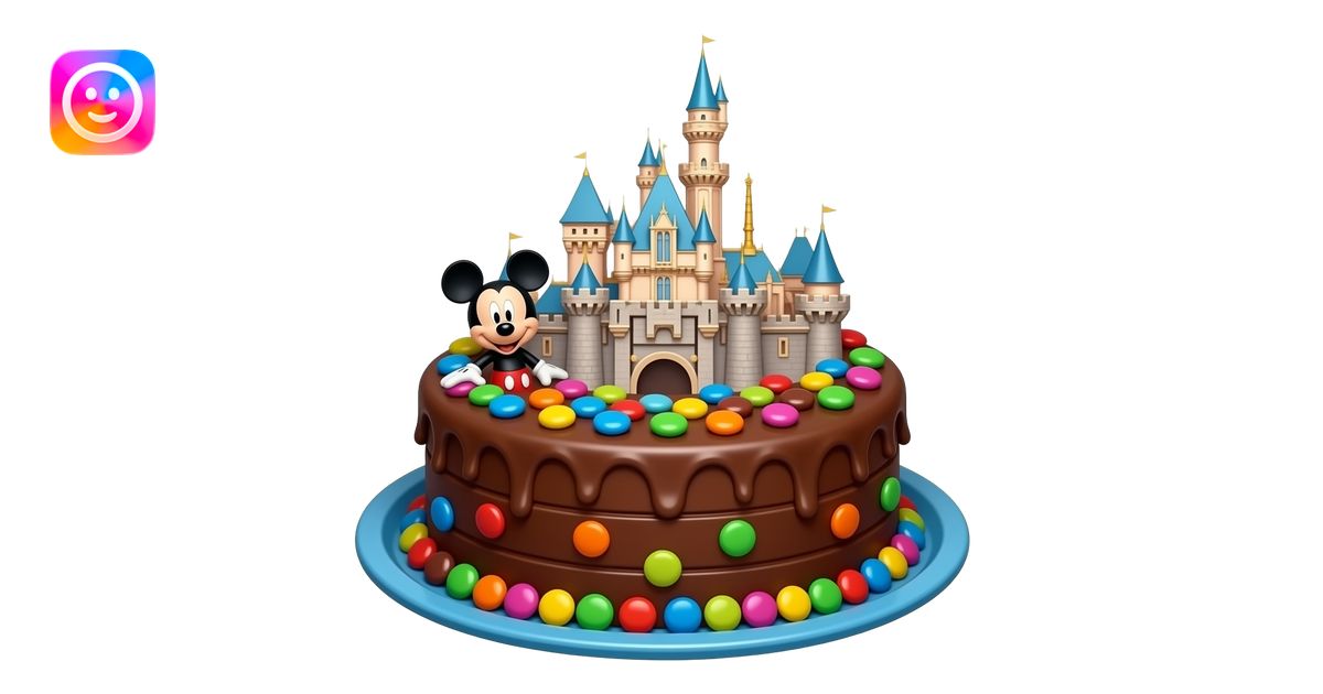 Disneyland castle shape fudge chocolate cake with Mickey Mouse colorful ...