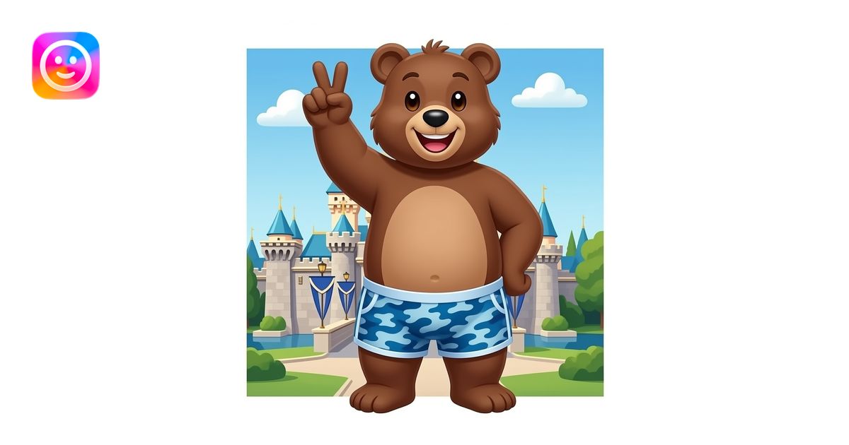 Brown Bear smiling wear blue camouflage underwear short raised his left ...