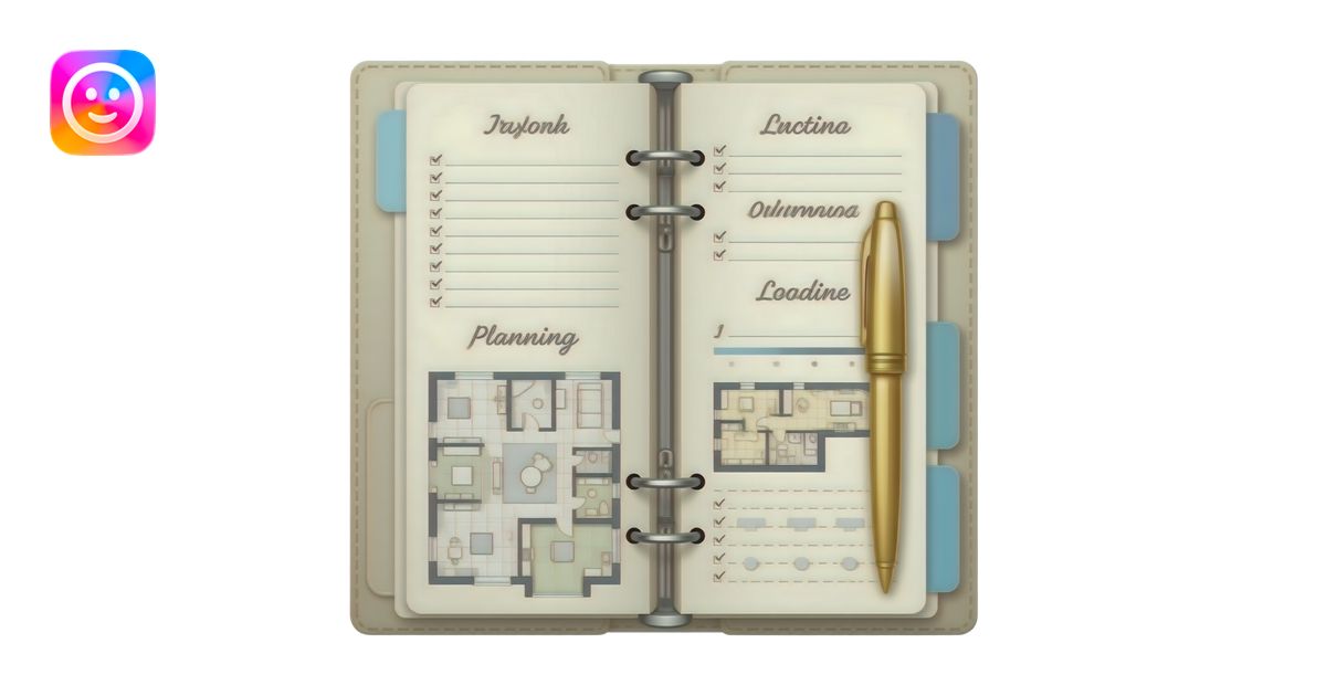 3D emoji of an open ivory wedding planning binder with dusty-blue tabs ...