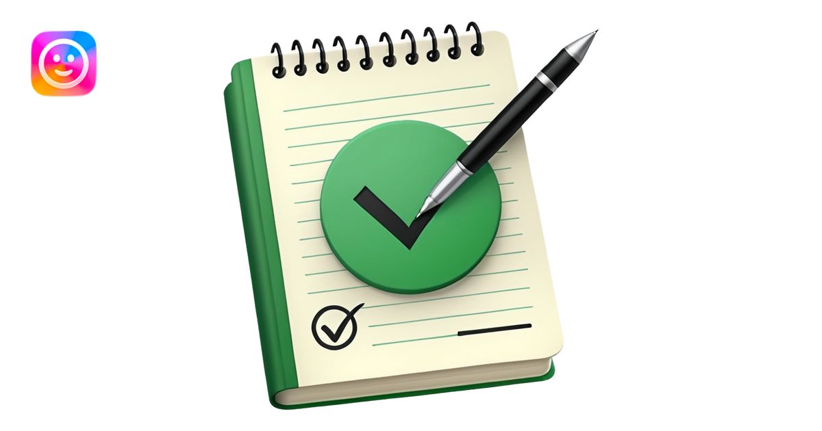 Notes book with pen and massive green tick emoji | AI Emoji Generator