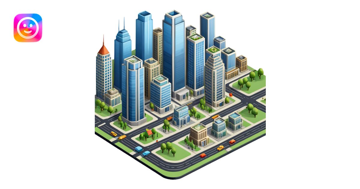 An icon showing a city-building game interface, inspired by Sim City ...