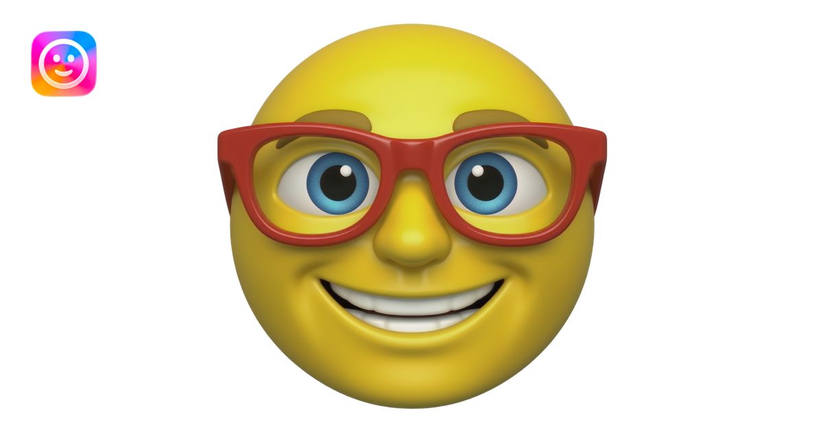 Bright yellow face Smooth 3D shading Clear red eyeglasses Wide toothy ...