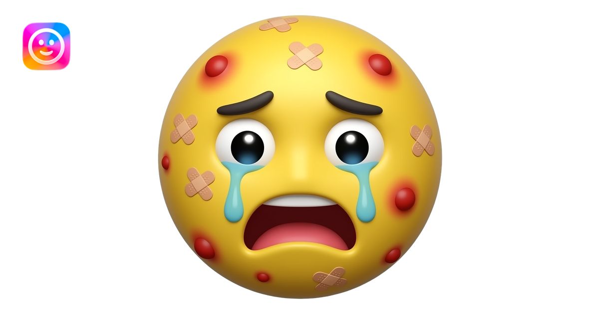 Apple emoji style of a distressed yellow circle emoji face with red ...