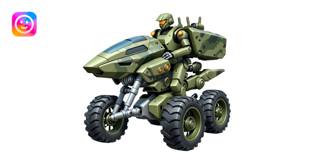 a 4-wheel camouflage army massive mech motorcycle shooting forward ...