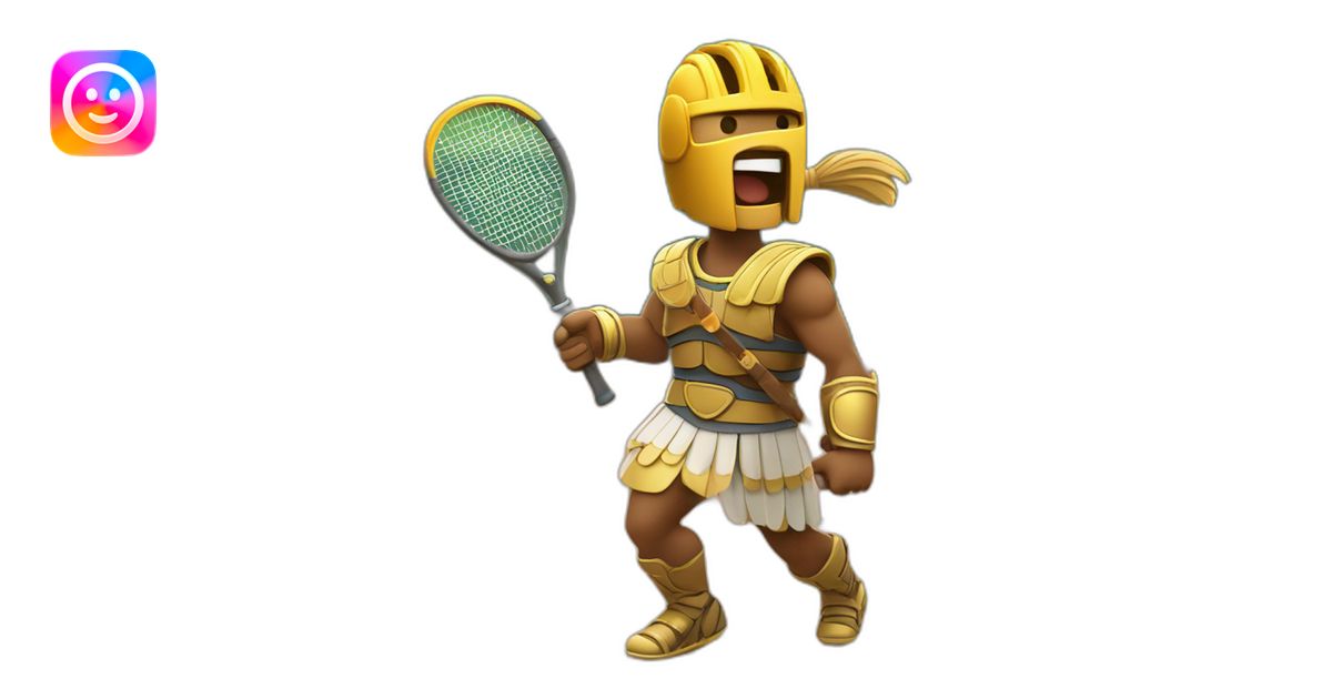 Roman gladiator with one tennis racket on right hand playing in tennis ...