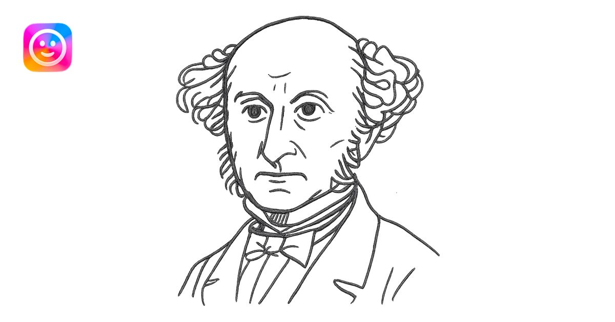 a hand drawn black outline portrait of philosopher John Stuart Mill ...