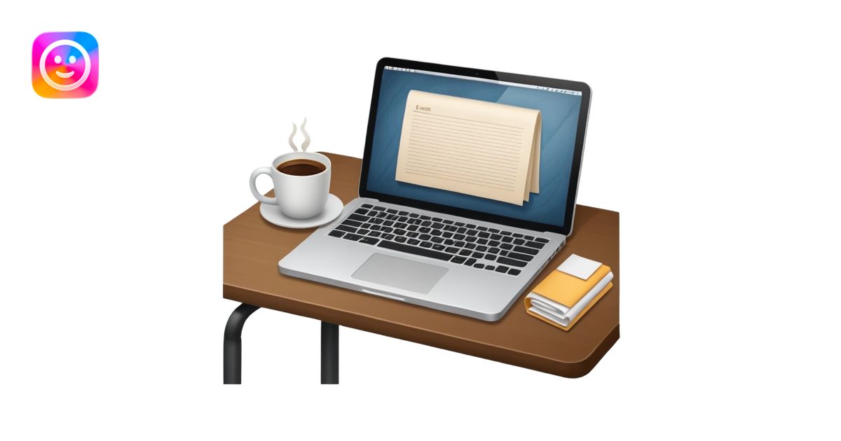 emoji of a cozy desk with a paper, a coffee, and a laptop on it emoji ...