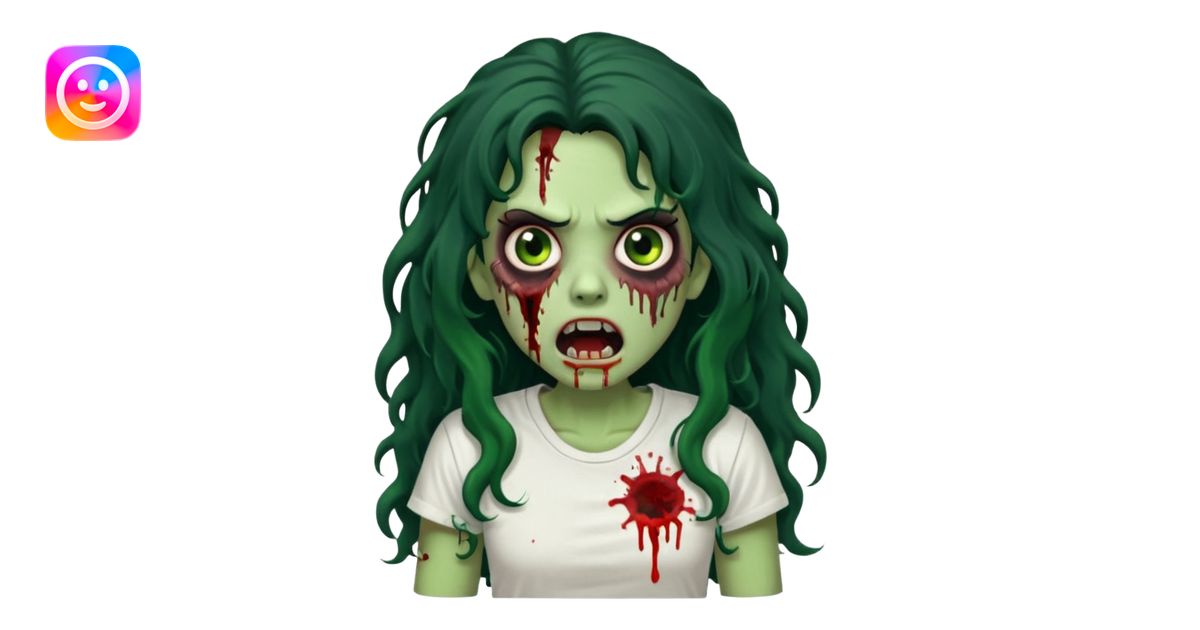 a zombie with long curly black hair volumoso, brown eyes, a white t ...