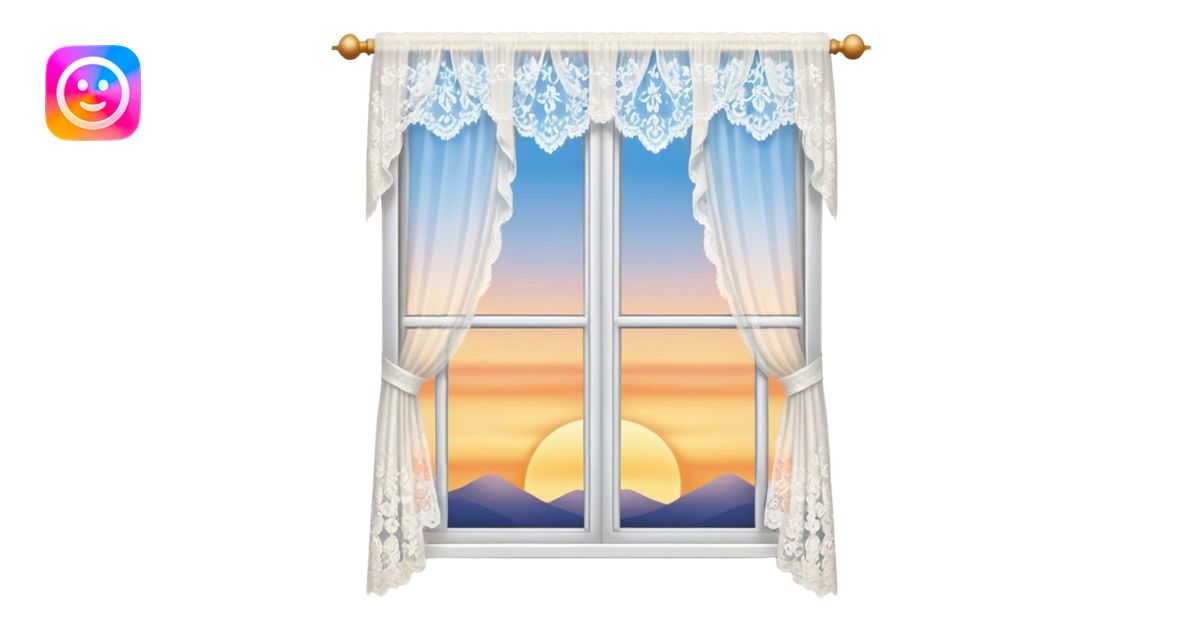 White window open at sunrise with lace curtains emoji | AI Emoji Generator