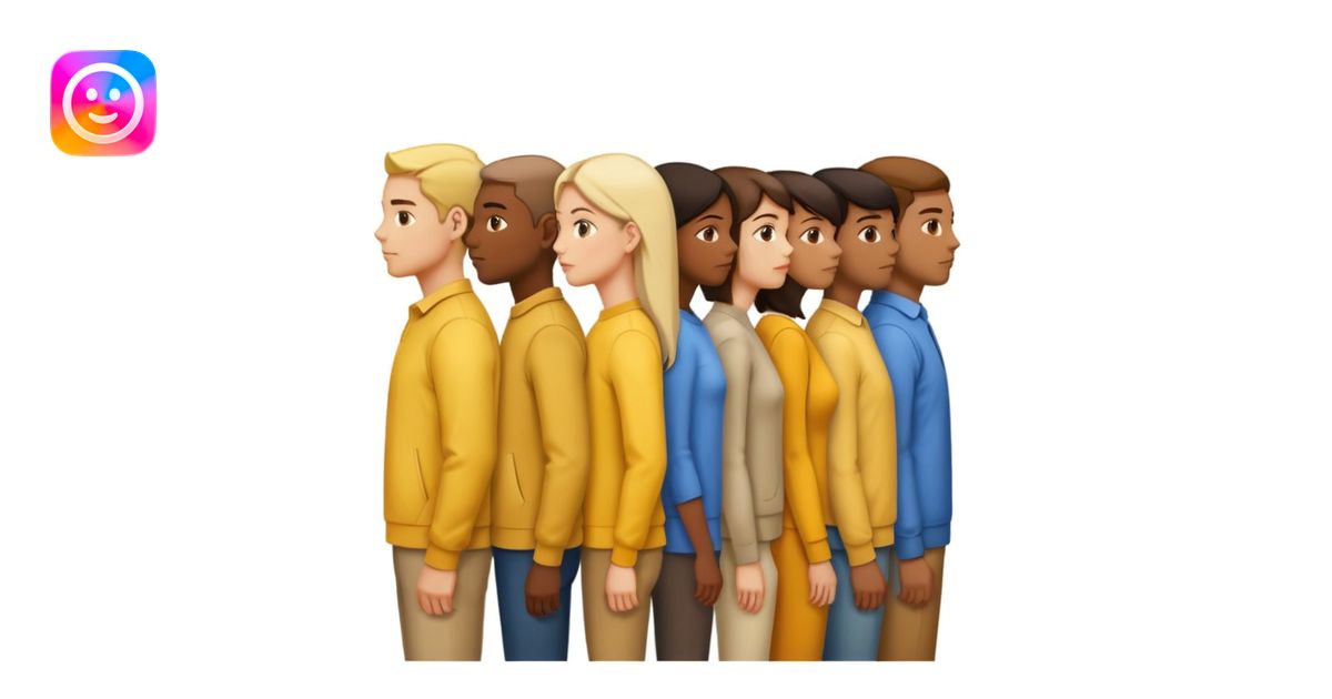 A line of people standing in profile, one behind the other, yellow ...