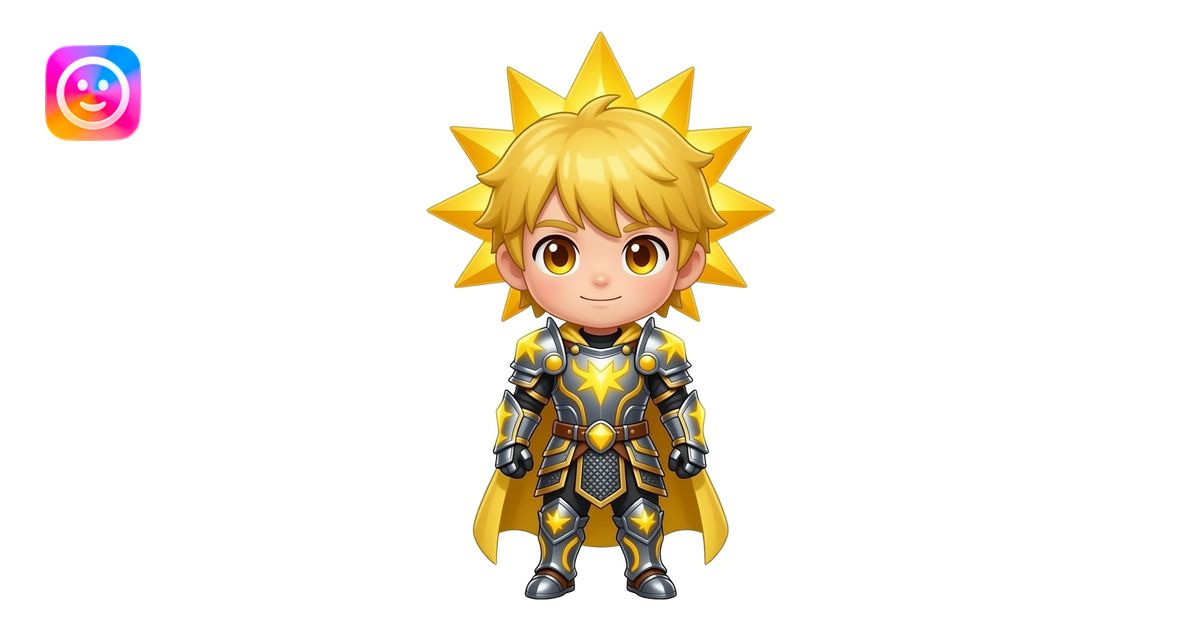 A chibi boy from a sun-core kingdom, full body, blinding solar-yellow ...