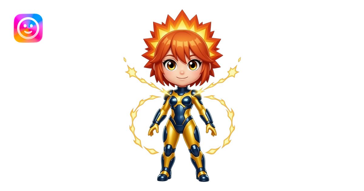 A chibi girl from a solar forge, full body, blinding plasma-gold skin ...