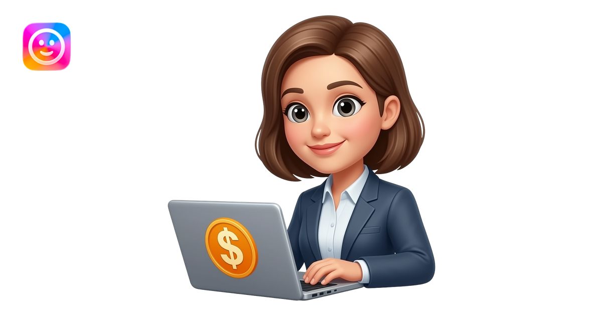 A 3D rendered icon featuring a stylized women using a laptop ...