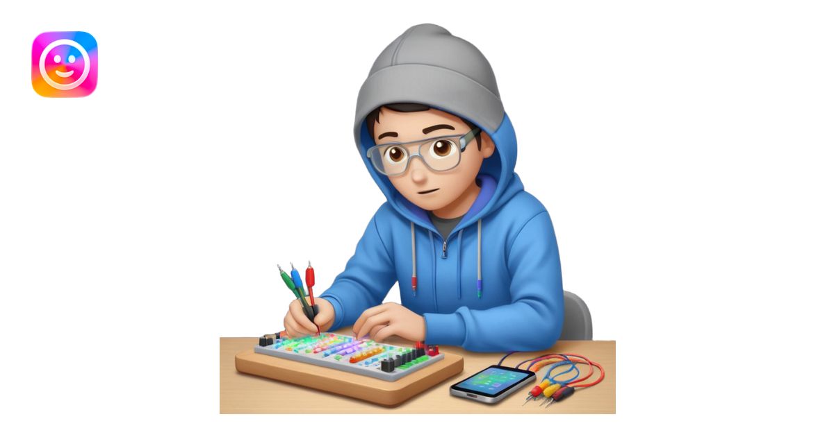 An emoji of an engineer working on a complex breadboard with many ...