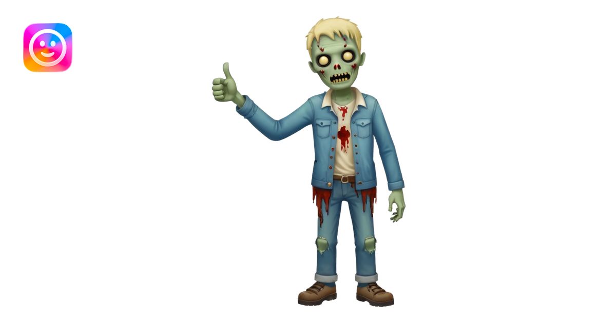 A cute, cheerful, full-length zombie is standing, holding out a hand ...