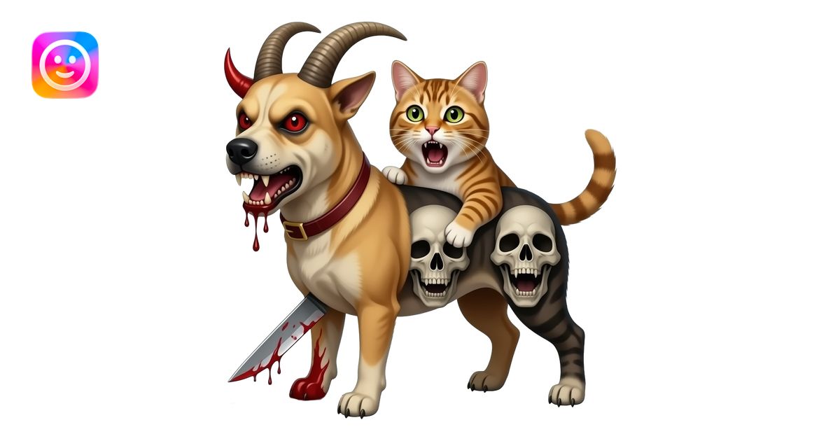 scary angry face with blood and knife demon dog merged goat and cat ...