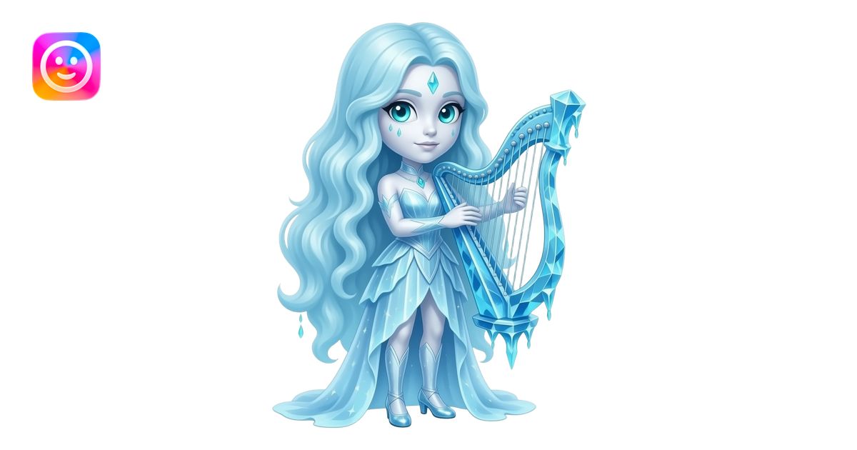 A full-body magical frozen waterfall harpist with a big head and small ...
