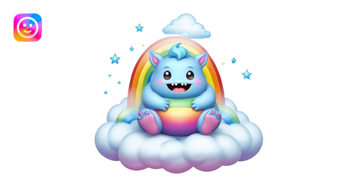 3D, Kawaii derpy fat rainbow monster sitting on a magic rainbow hued ...