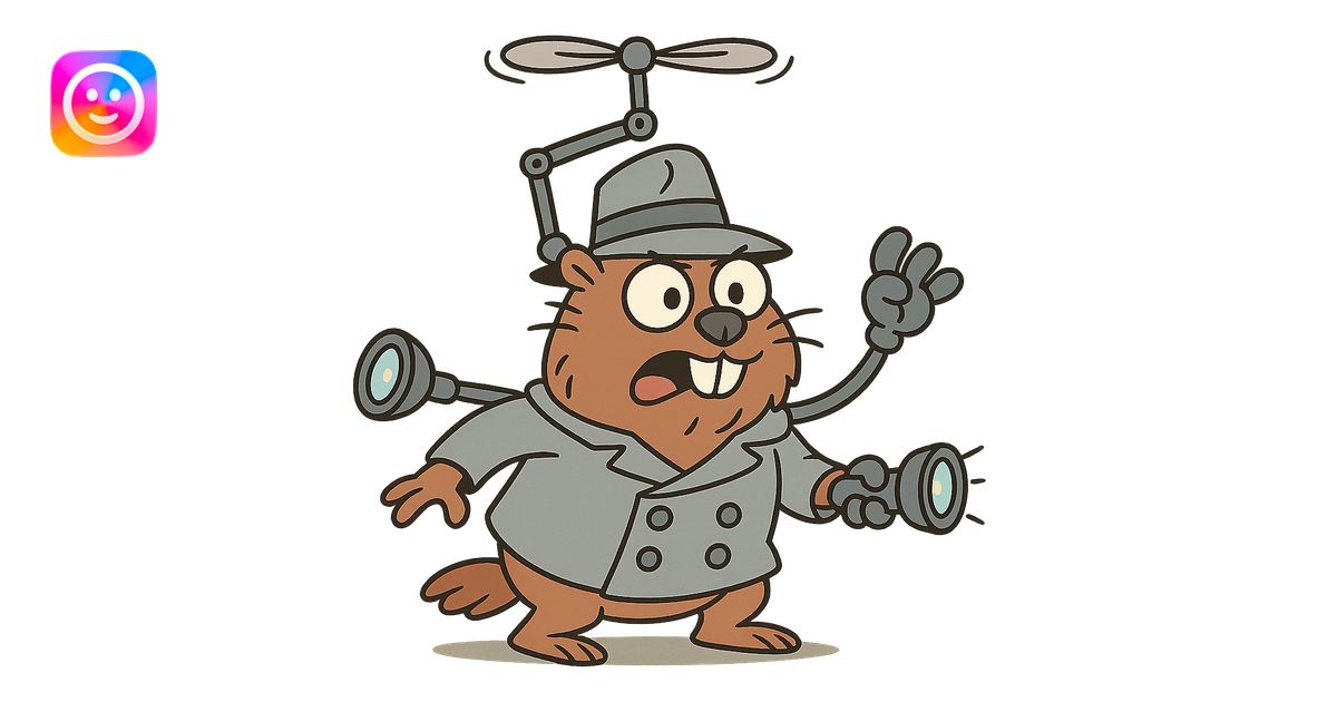 cartoon gopher with Inspector Gadget-style gadgets, whimsical and fun ...