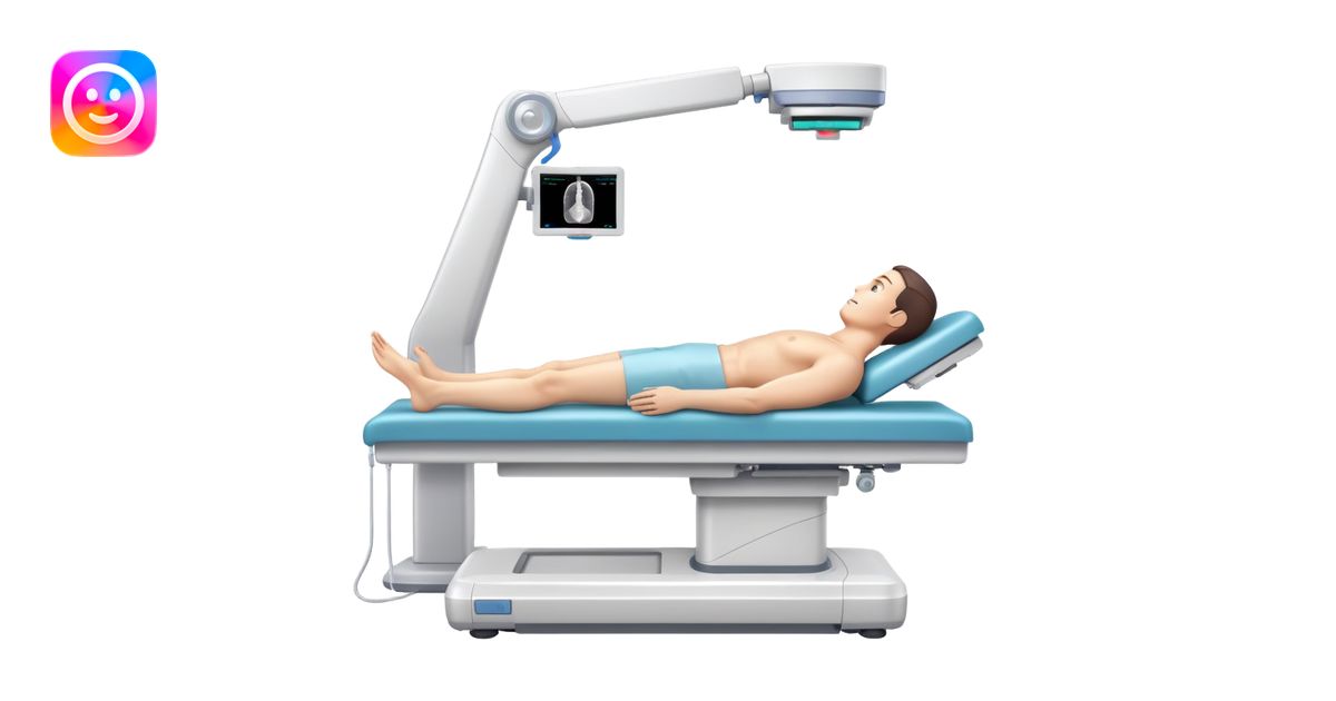 3D medical DEXA scan machine with male patient lying on examination ...