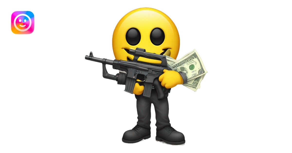 Yellow smiley face with eye patch holding a machine gun in one hand and ...