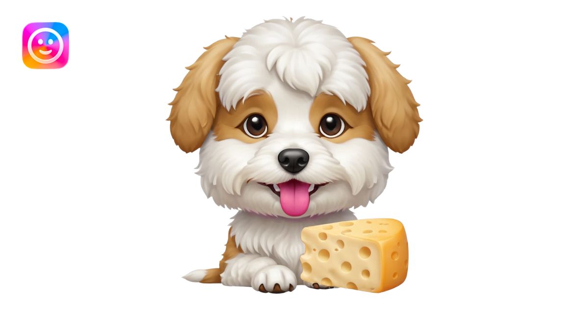 white dog cavachon stay and want to eat cheesee emoji | AI Emoji Generator
