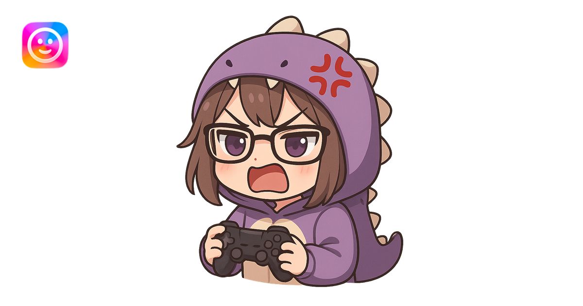 chibi anime style gamer girl with glasses, brown hair, dark purple eyes ...