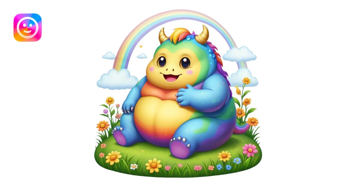 Kawaii derpy fat rainbow monster sitting in a magic field, rich ...