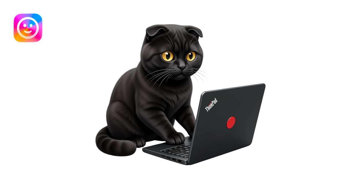 An emoji-style digital sticker of a cute black Scottish Fold cat with ...