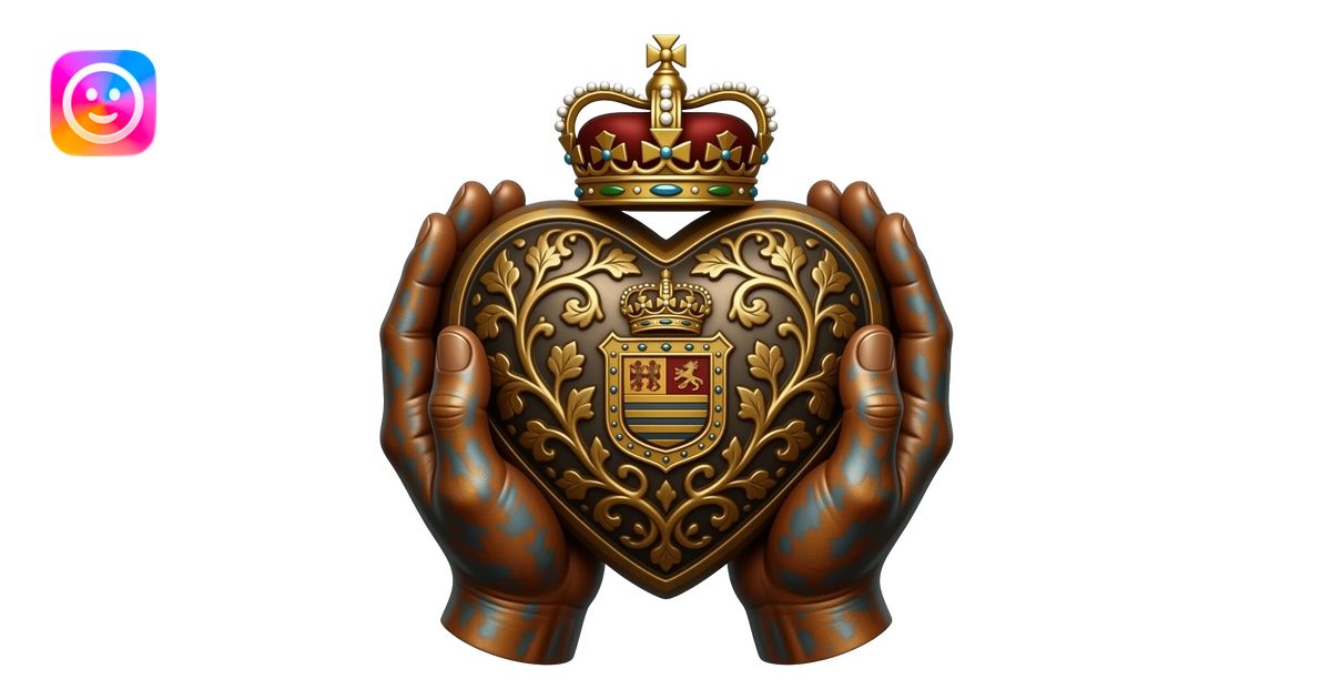Two female rusty hands hold a bronze, excessively ornate royal heart ...