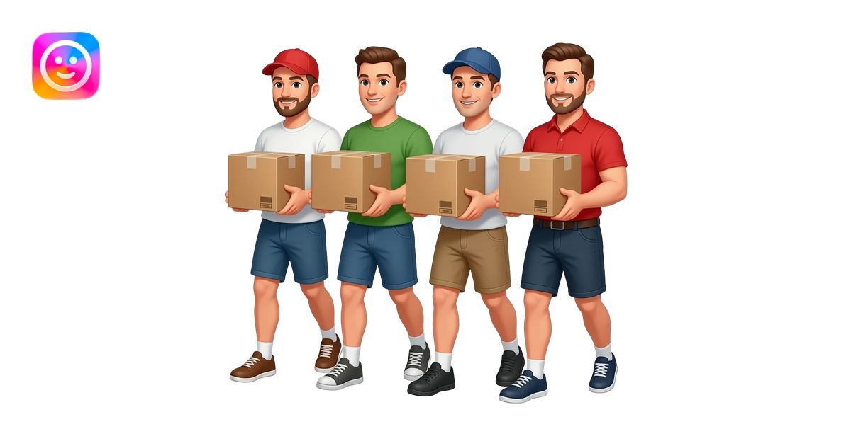 Four strong men moving boxes at fast food emoji | AI Emoji Generator
