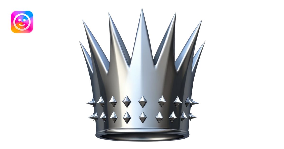A spiked crown emoji made of silver chrome, sharp yet rounded metallic ...
