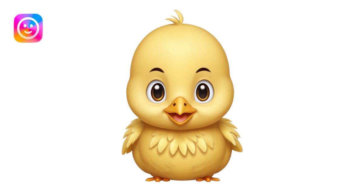 Cute baby chick named Lex, smiling with big shiny eyes,