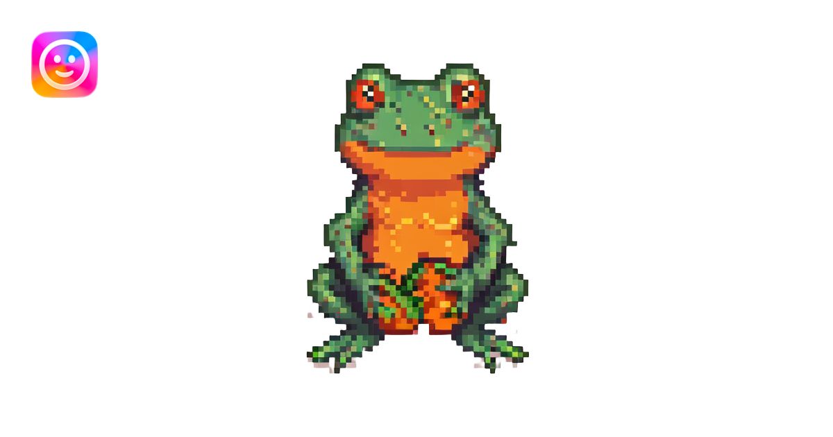 chubby pixel art frog with persimmon orange skin, sitting and smiling ...