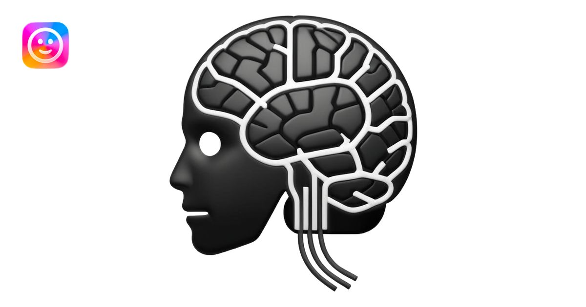 Futuristic AI brain emoji, simplified brain silhouette, metallic black ...