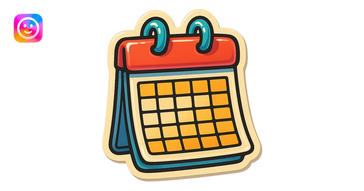 retro sticker-style image of a wall calendar with a visible month grid ...