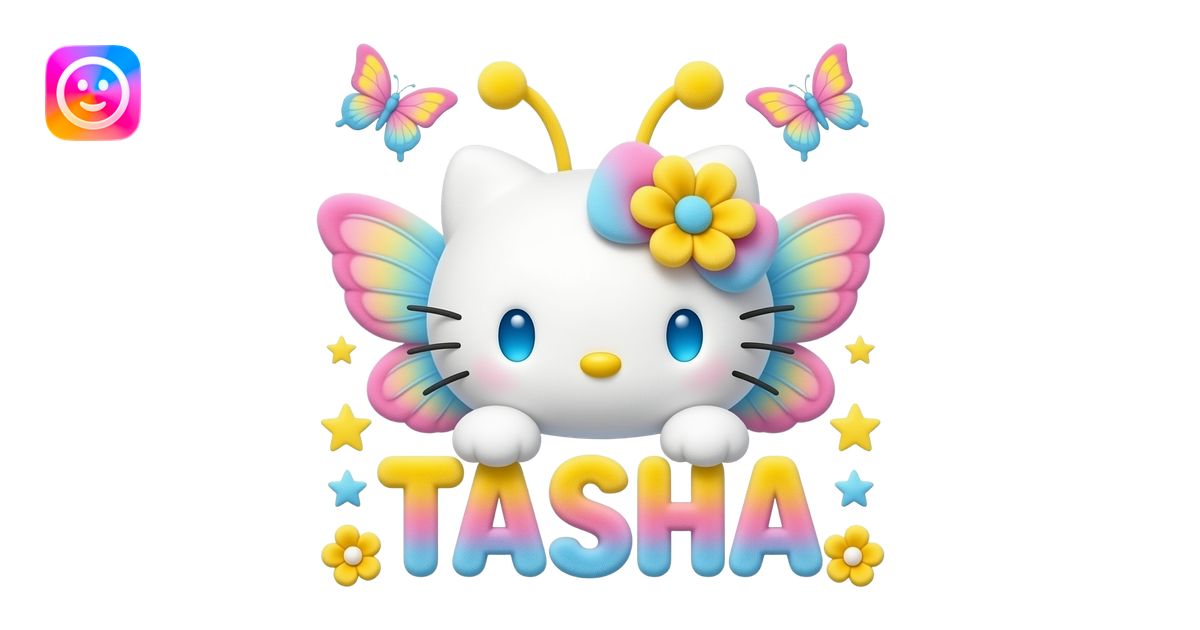 White velvety fur 3D hello kitty head with yellow pink blue gradient 3D ...