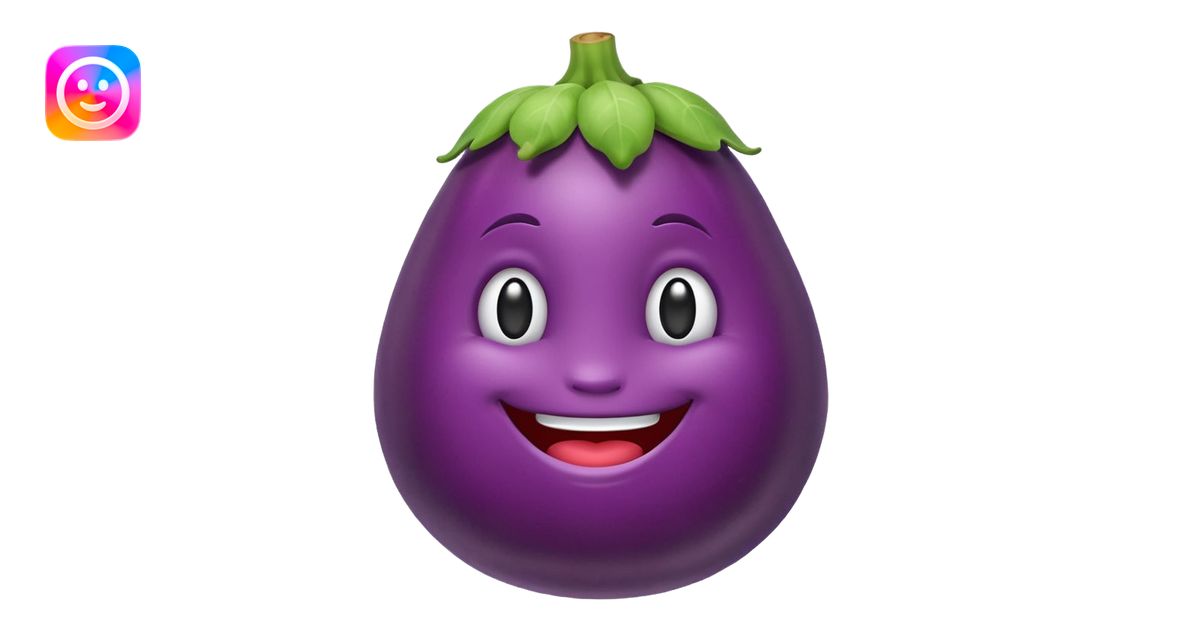 smiling eggplant shaped emoji in early Apple emoji style with minimal ...