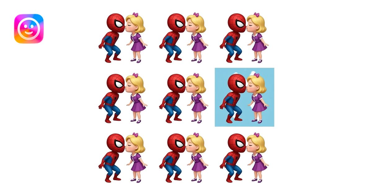 Create a 5×3 grid of Spider-Man and Mary Jane kissing emojis. Hide one ...