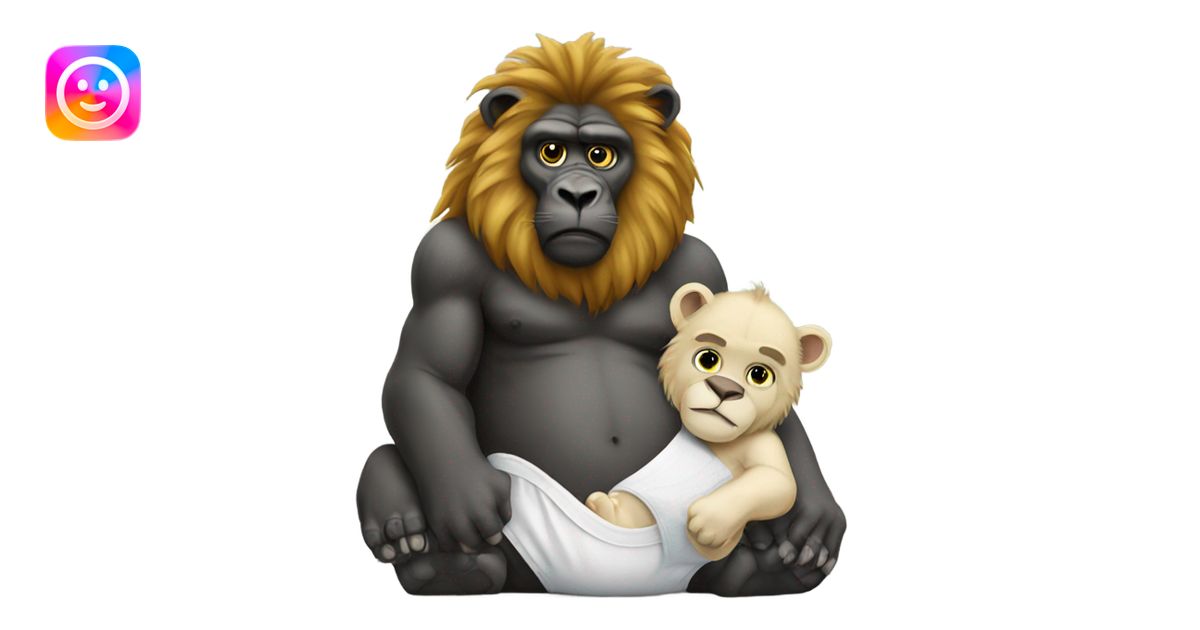 A lion wearing a diaper sitting on gorilla emoji | AI Emoji Generator