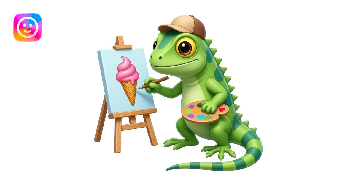 iguana wearing an painter's hat drawing an ice cream on the canvas ...