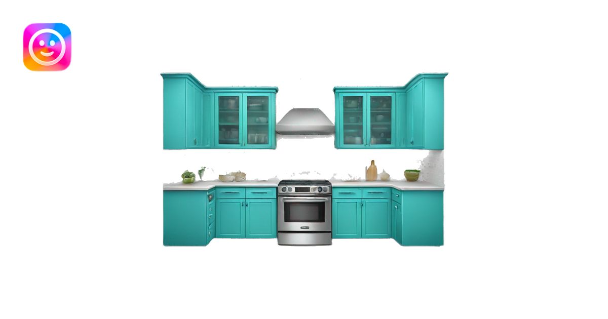 Realistic front facing turquoise kitchen with counter and hanging ...
