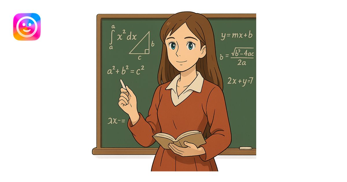 ghibli style female math teacher, brown straight hair, blue eyes ...