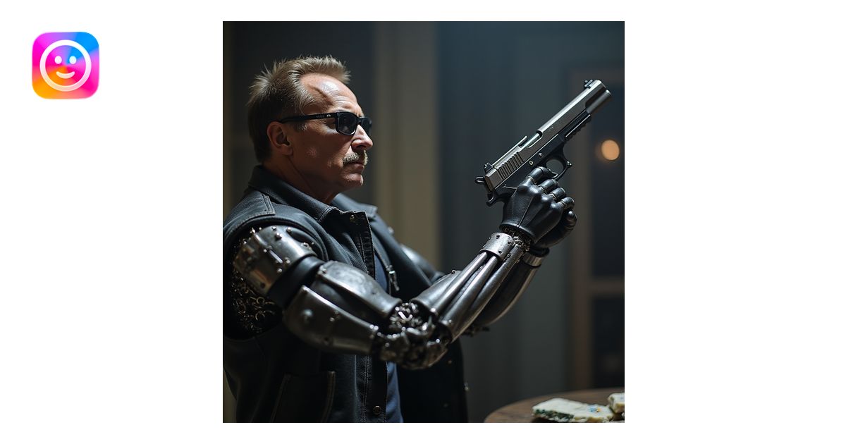 realistic style, Terminator (Arnold Schwarzenegger) aiming a gun upward ...