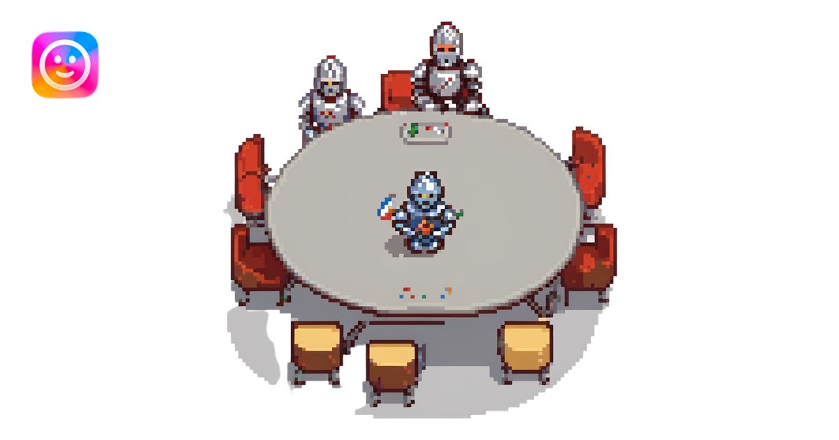 pixel art landscape of a round table with knights and robots, combining ...