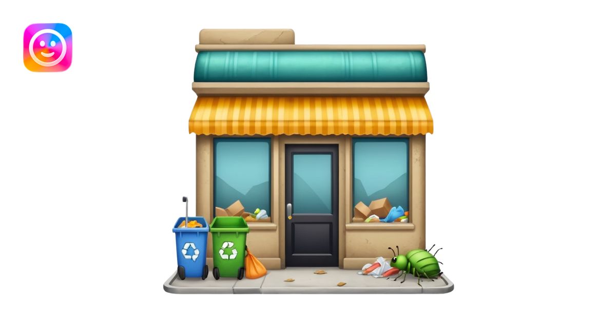 emoji-style icon of a storefront with garbage, bugs, and stink lines ...